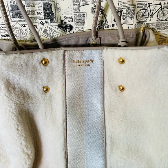 🆕 Kate Spade Everything Racing Stripe Faux Shearling Large Tote Cream Multi Bag